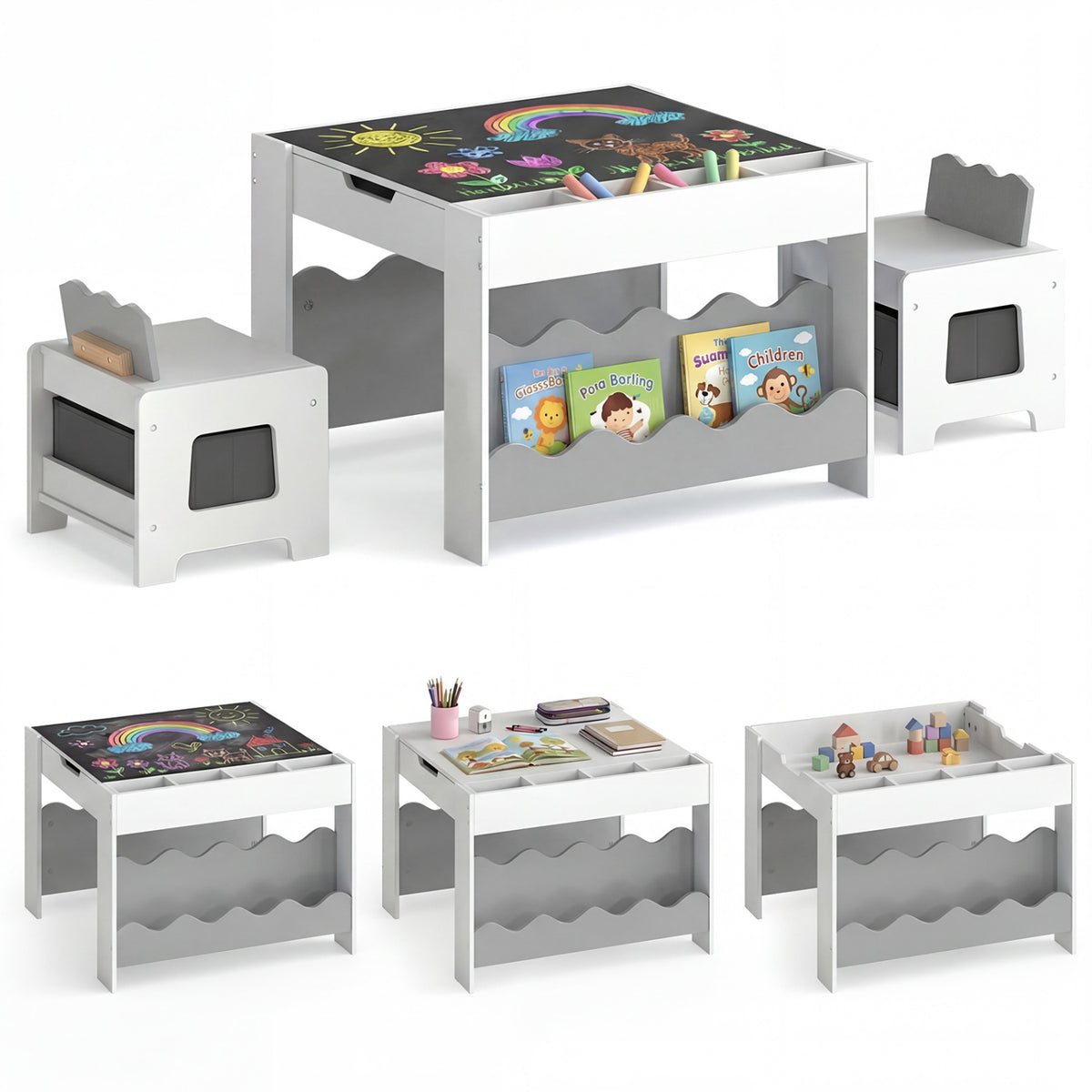 Kids Activity Table and Chairs Set with Double-Sided Reversible Top - Gray