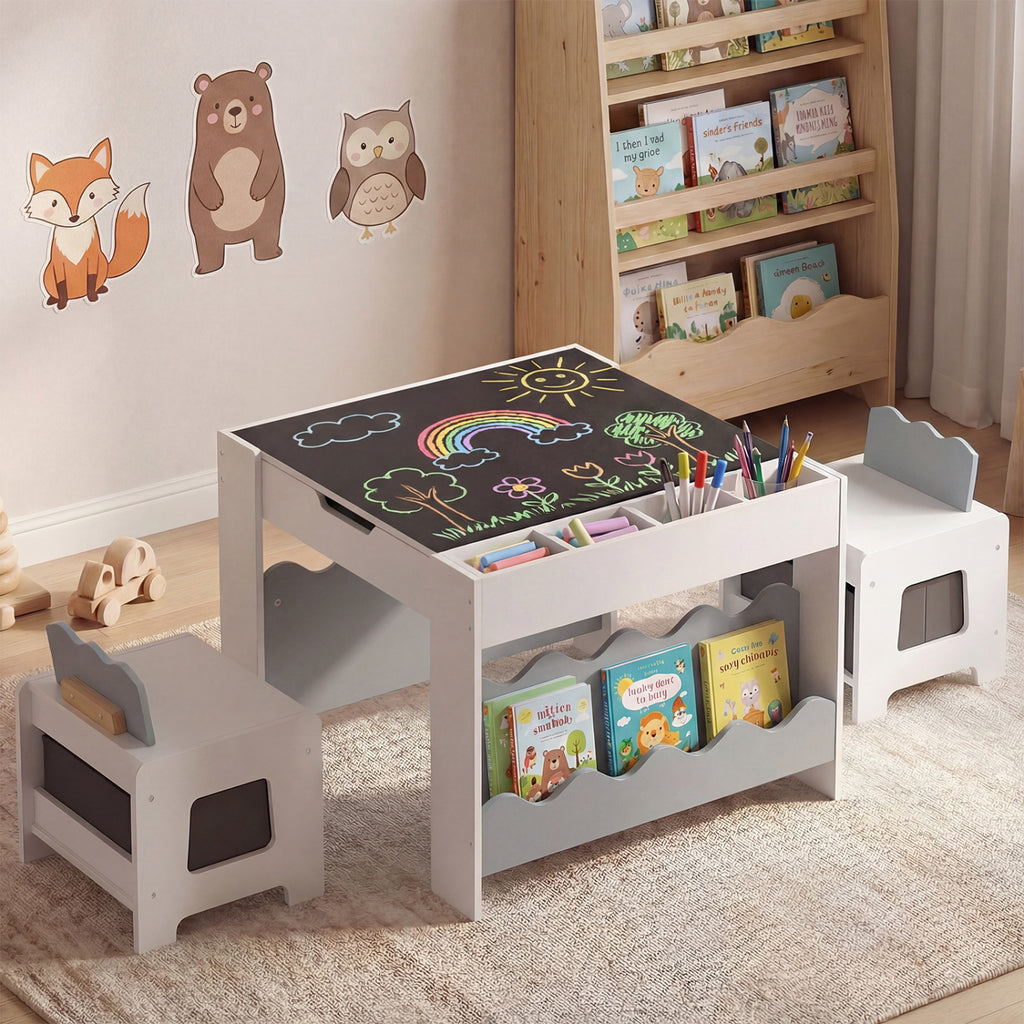 Kids Activity Table and Chairs Set with Double-Sided Reversible Top - Gray