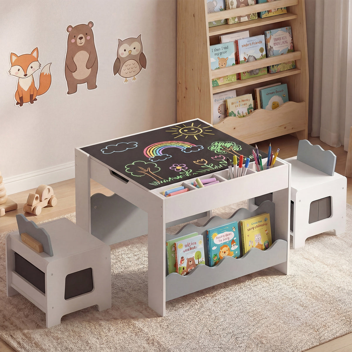 Kids Activity Table and Chairs Set with Double-Sided Reversible Top - Gray