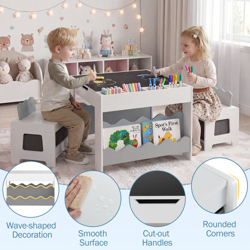 Kids Activity Table and Chairs Set with Double-Sided Reversible Top - Gray