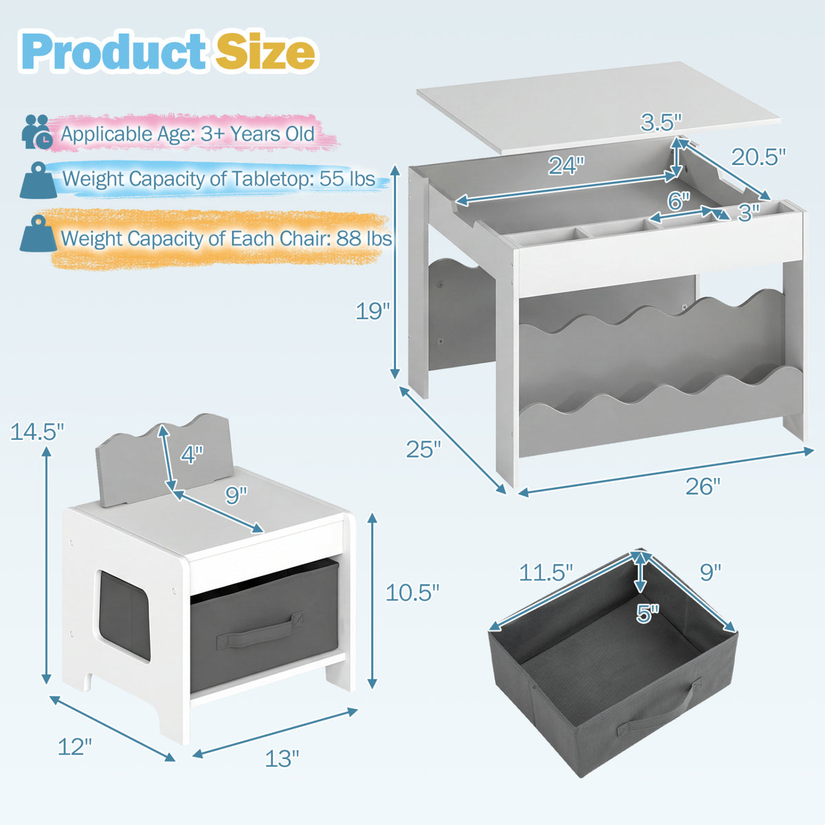 Kids Activity Table and Chairs Set with Double-Sided Reversible Top - Gray