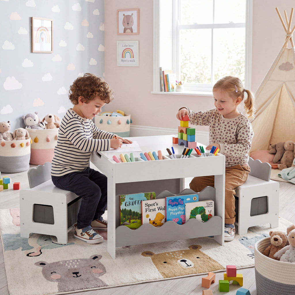 Kids Activity Table and Chairs Set with Double-Sided Reversible Top - Gray