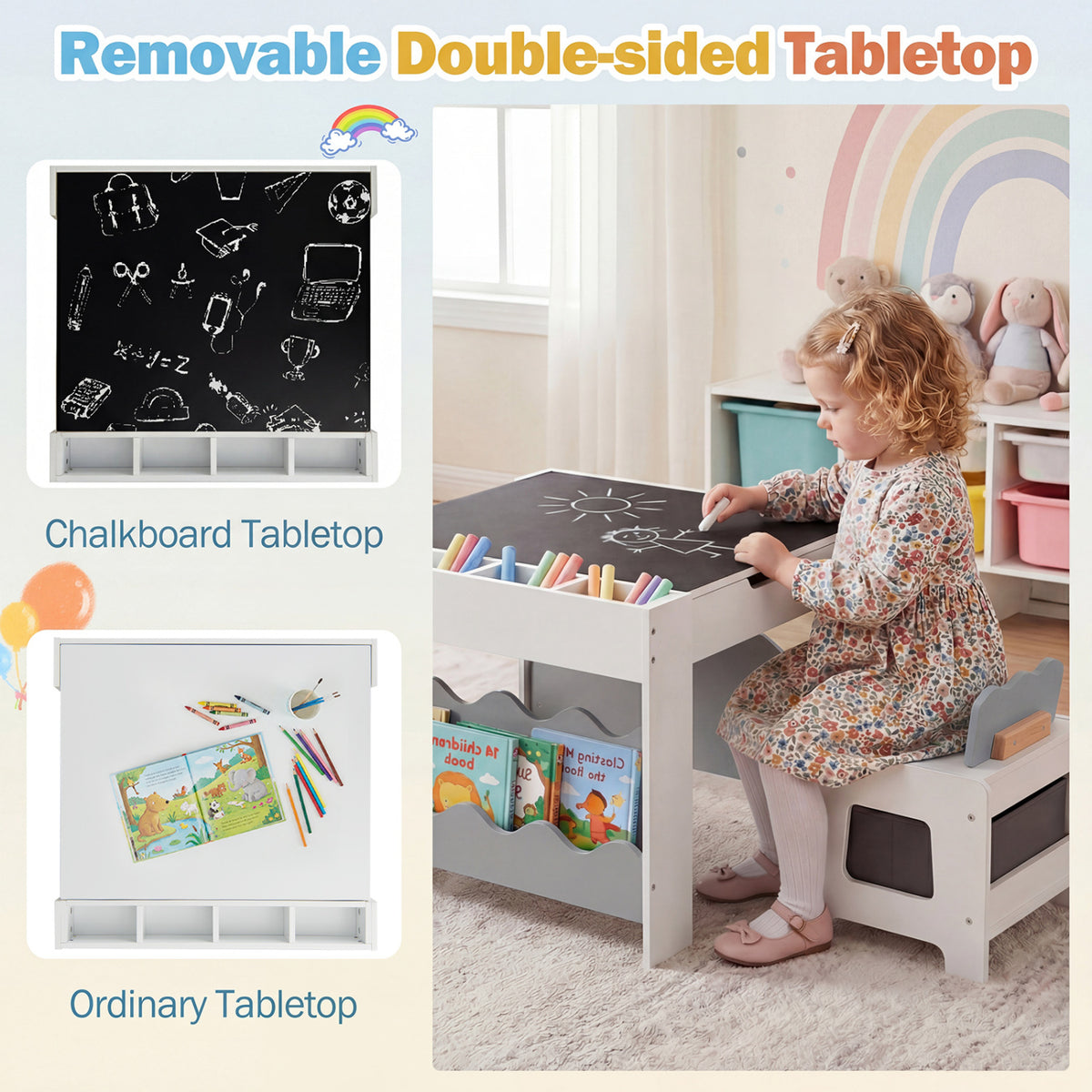 Kids Activity Table and Chairs Set with Double-Sided Reversible Top - Gray