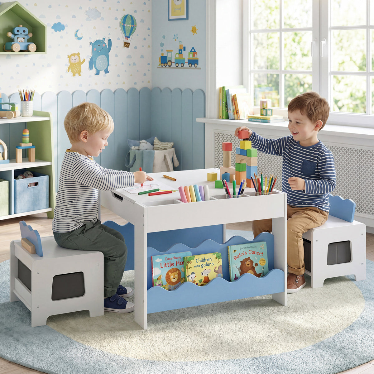 Kids Activity Table and Chairs Set with Double-Sided Reversible Top - Gray