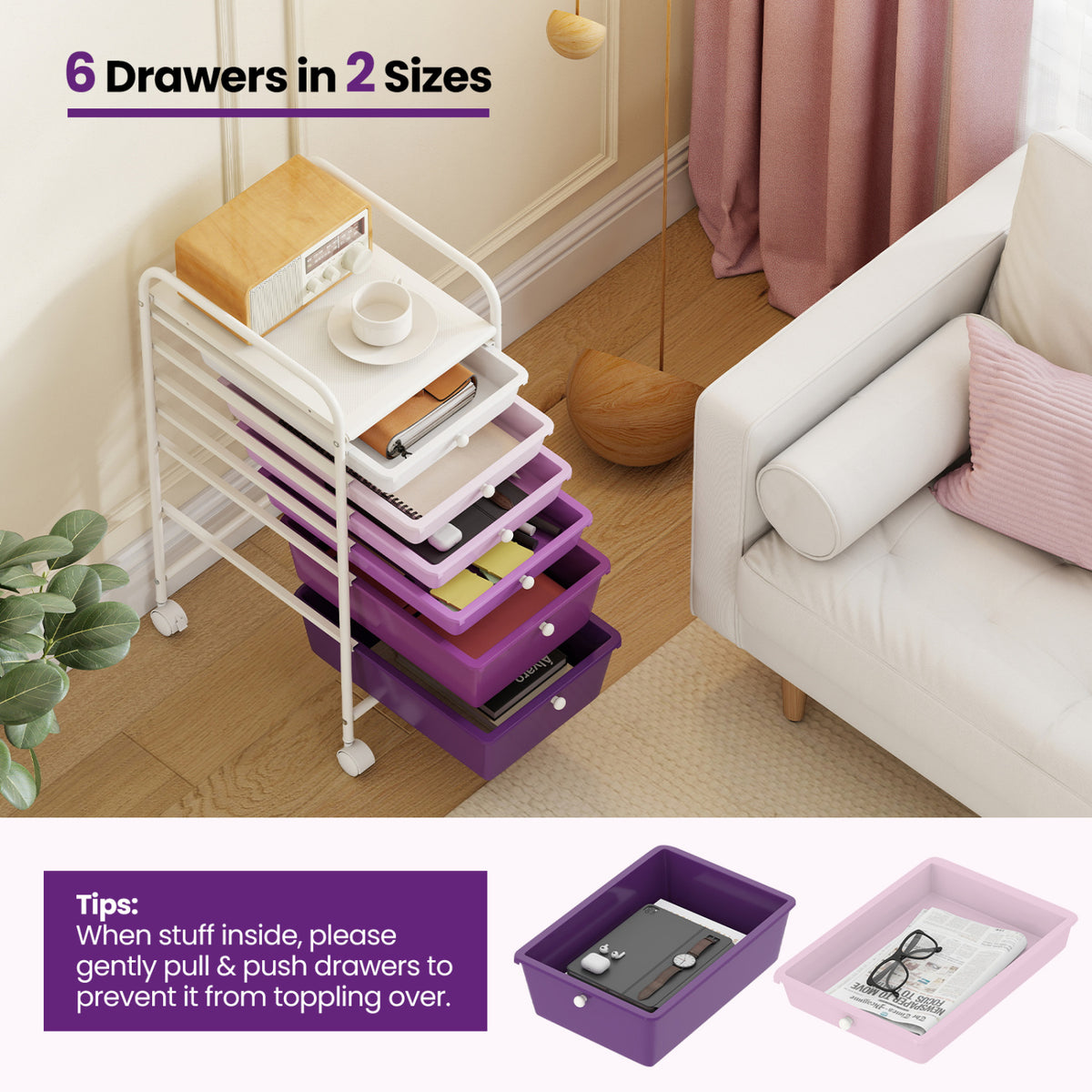 Multifunctional 6 Drawers Rolling Storage Cart Organizer