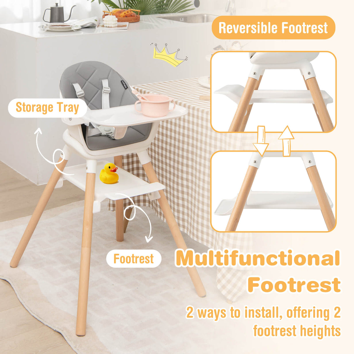 6-in-1 Convertible Baby High Chair with Safety Harness & Removable Tray - White