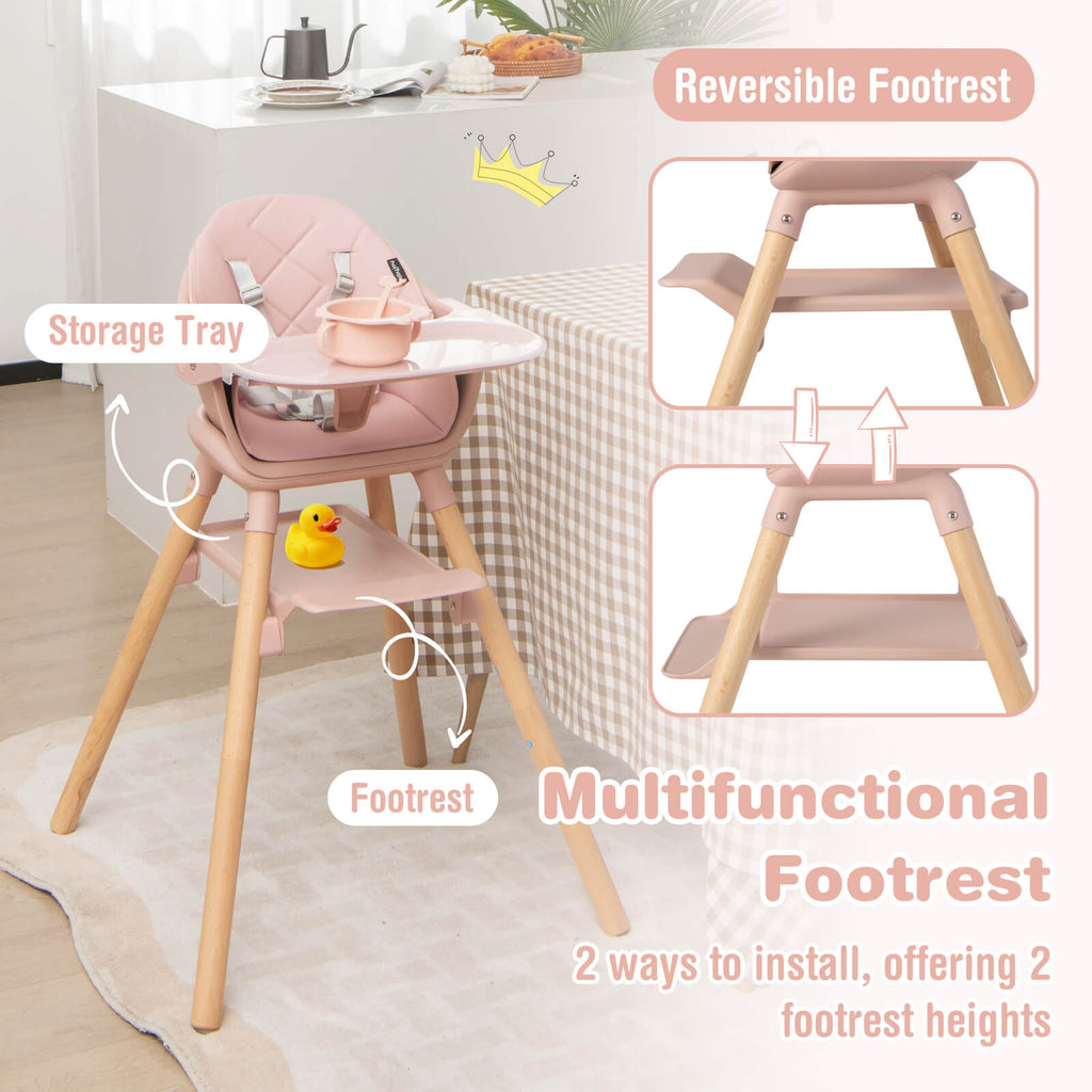 6-in-1 Convertible Baby Highchair with Safety Harness & Removable Tray - Pink