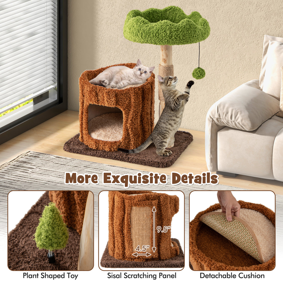 Brown Multifunctional Cat Tree Tower with Scratching Posts & Top Perch - Costway