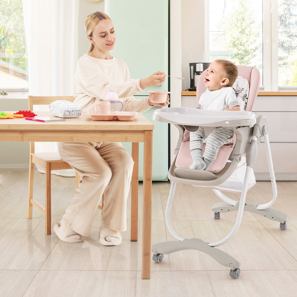 Pink Multifunctional Folding Baby High Chair with Wheels & Adjustable Height - Versatile Adjustment