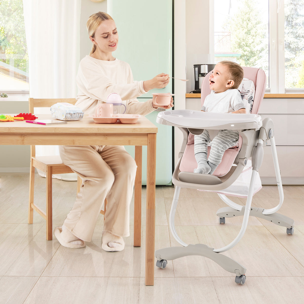 Pink Multifunctional Folding Baby High Chair with Wheels & Adjustable Height - Versatile Adjustment