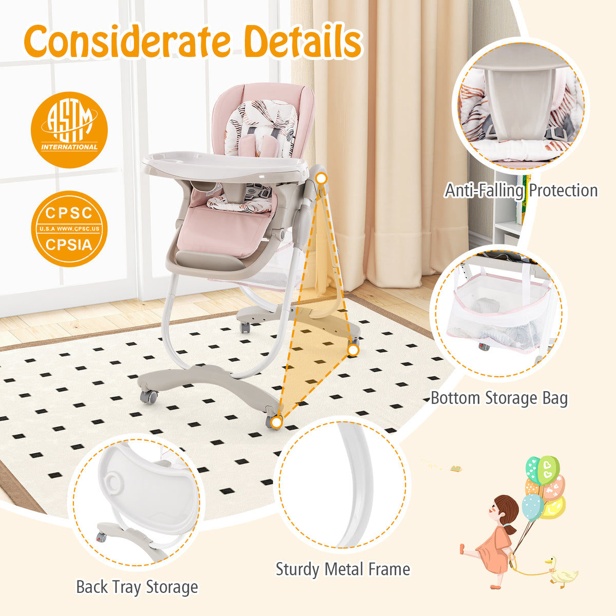 Pink Multifunctional Folding Baby High Chair with Wheels & Adjustable Height - Versatile Adjustment