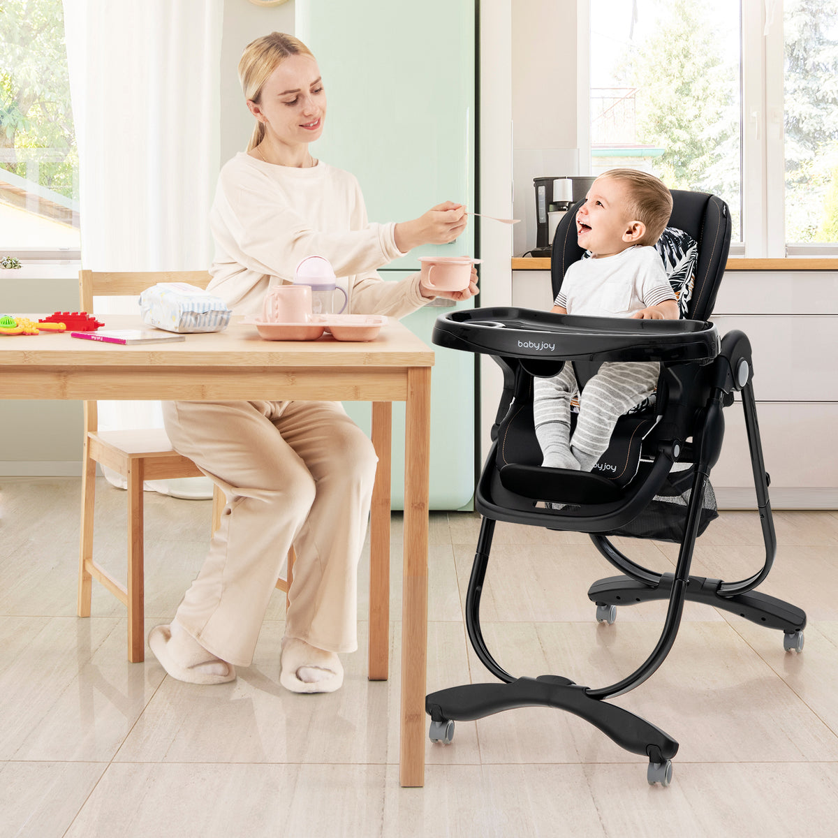 Pink Multifunctional Folding Baby High Chair with Wheels & Adjustable Height - Versatile Adjustment