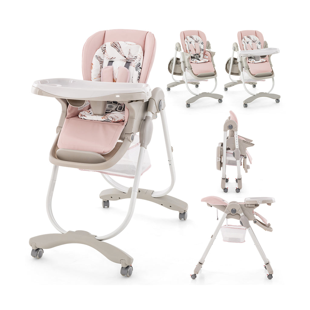 Pink Multifunctional Folding Baby High Chair with Wheels & Adjustable Height - Versatile Adjustment