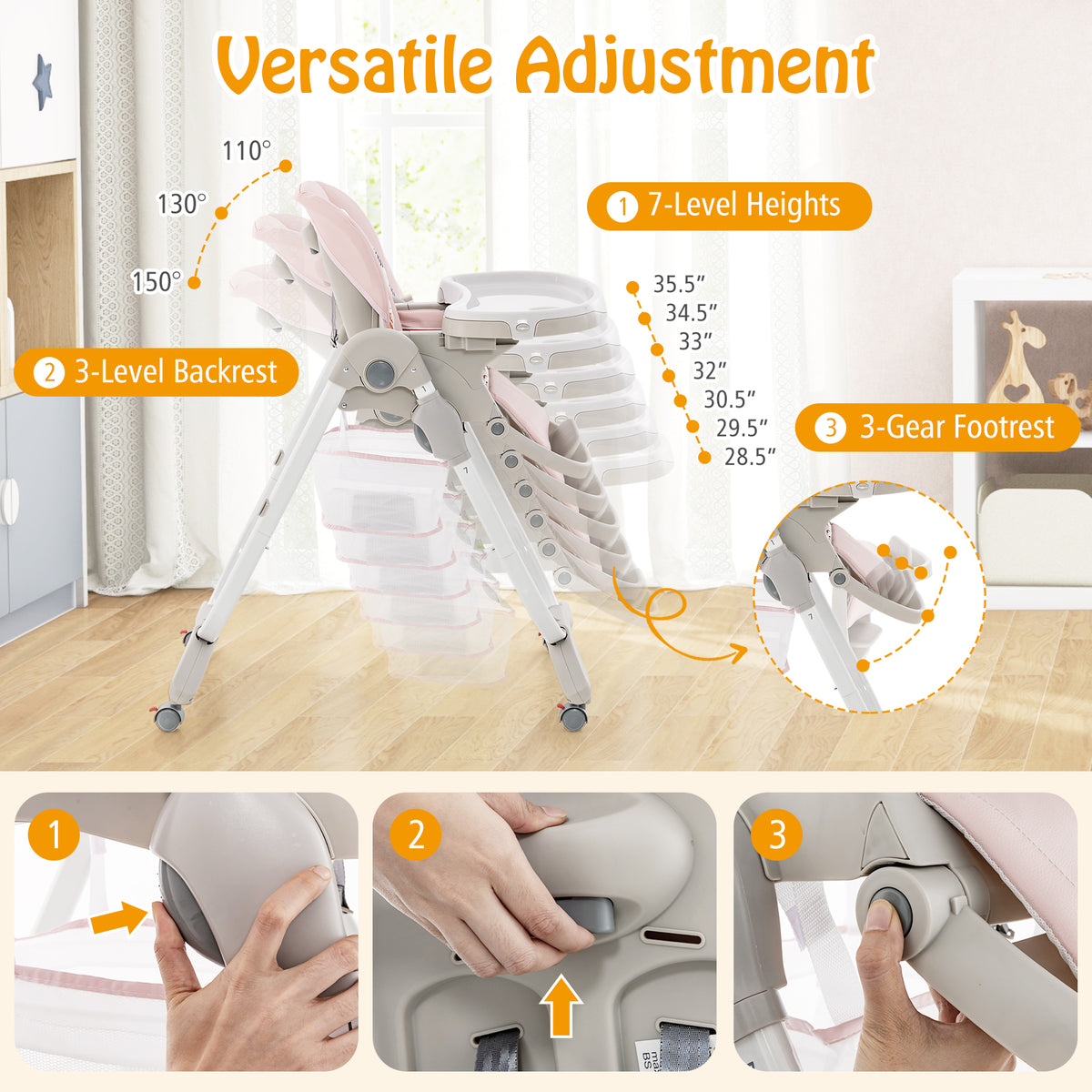 Pink Multifunctional Folding Baby High Chair with Wheels & Adjustable Height - Versatile Adjustment