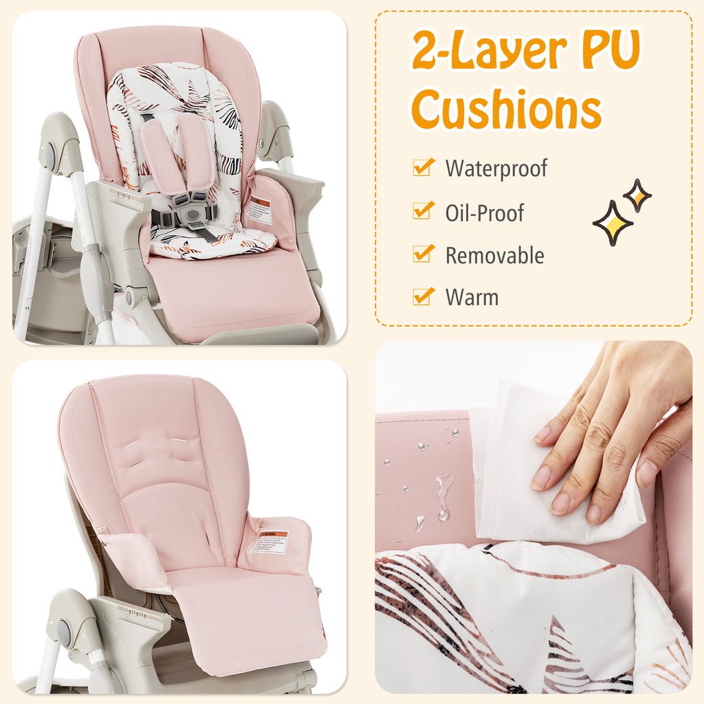 Pink Multifunctional Folding Baby High Chair with Wheels & Adjustable Height - Versatile Adjustment