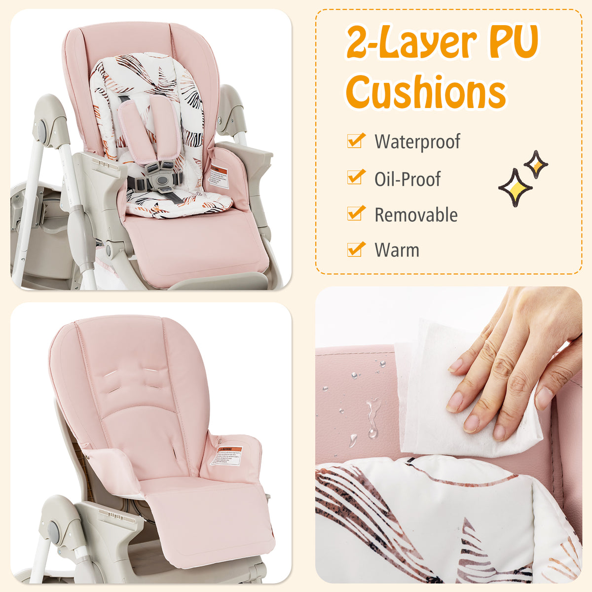 Pink Multifunctional Folding Baby High Chair with Wheels & Adjustable Height - Versatile Adjustment