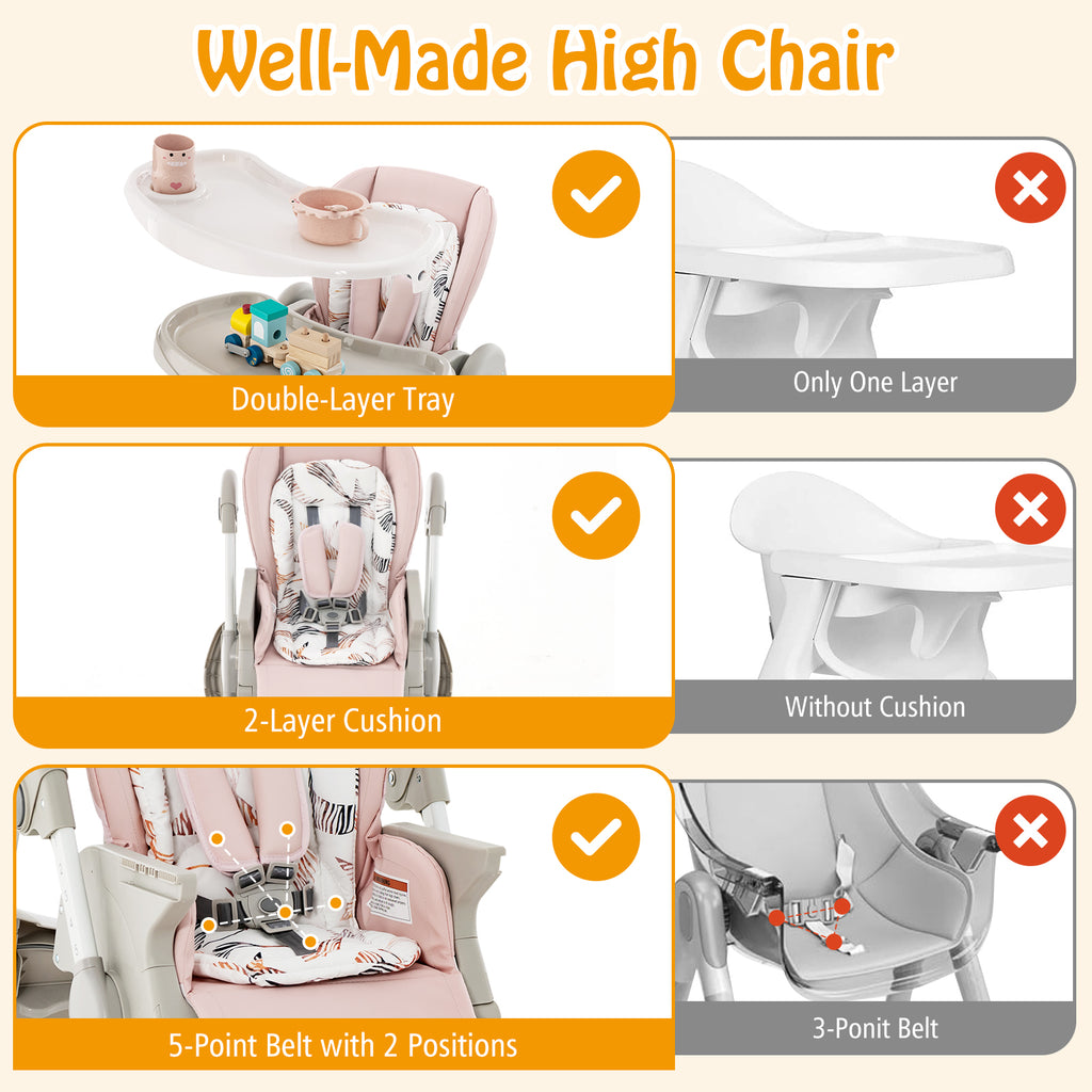 Pink Multifunctional Folding Baby High Chair with Wheels & Adjustable Height - Versatile Adjustment