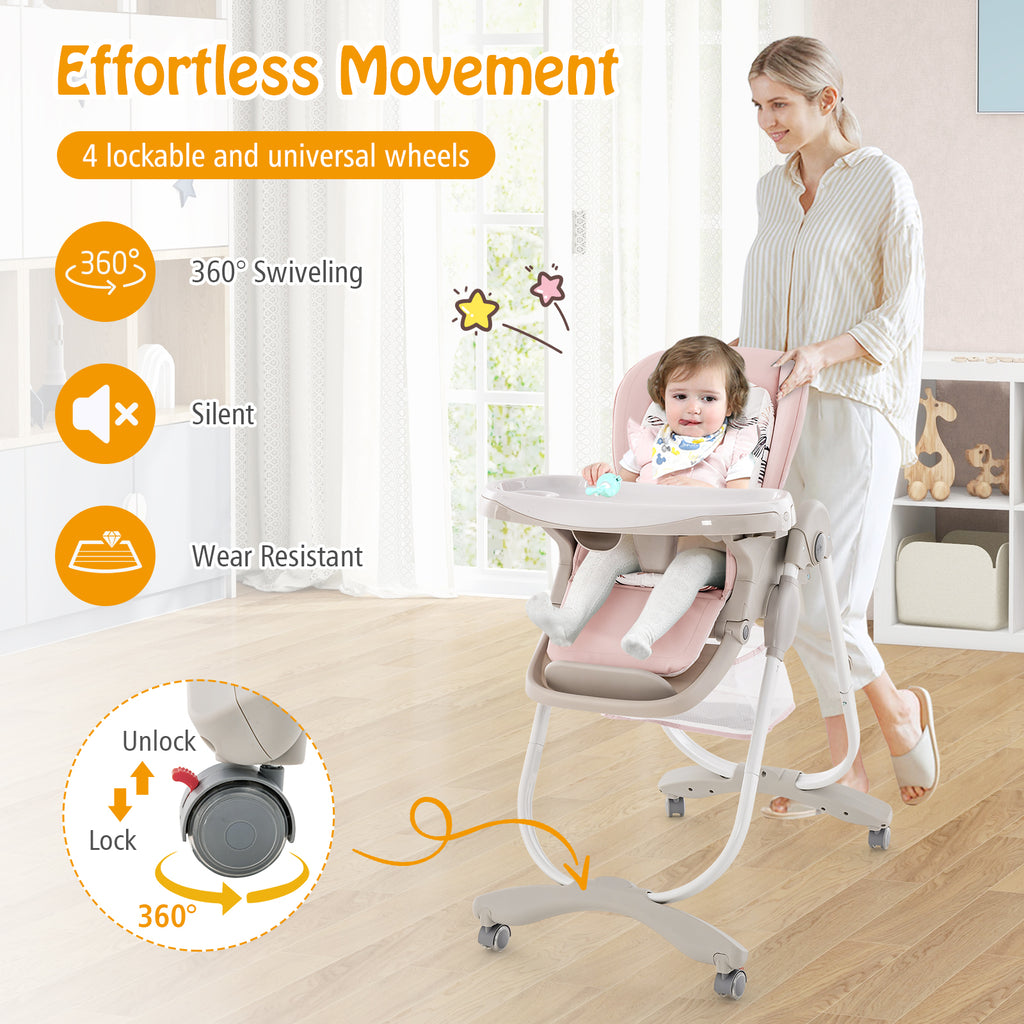 Pink Multifunctional Folding Baby High Chair with Wheels & Adjustable Height - Versatile Adjustment