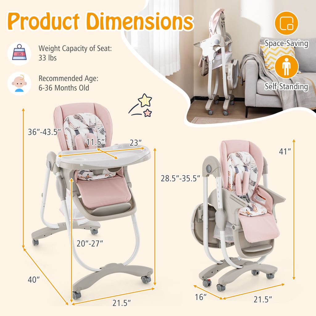 Pink Multifunctional Folding Baby High Chair with Wheels & Adjustable Height - Versatile Adjustment