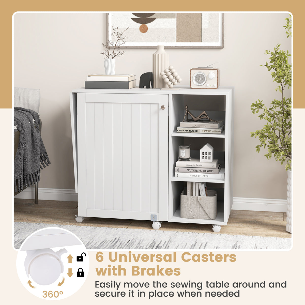 Folding Sewing Craft Station with Storage Shelves - White