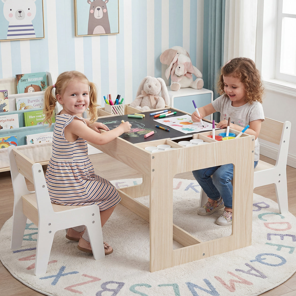 Multifunctional Kids Table & 2 Chairs Set with Chalkboard - Natural Variation