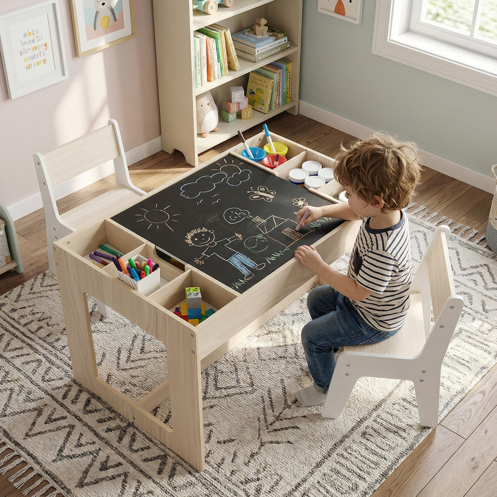 Multifunctional Kids Table & 2 Chairs Set with Chalkboard - Natural Variation
