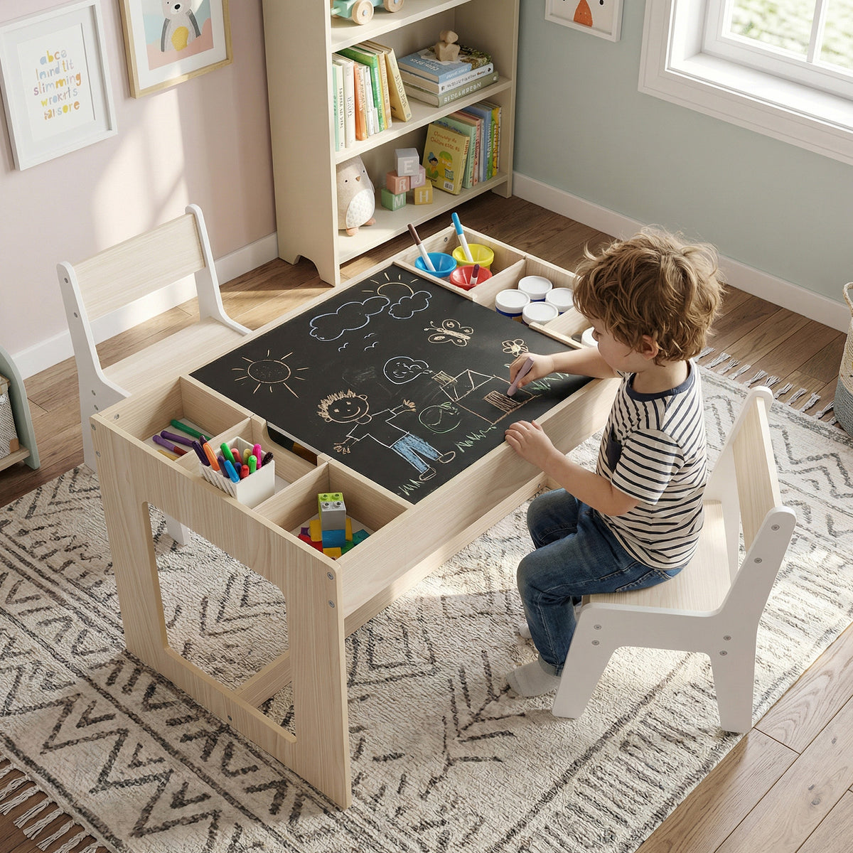 Multifunctional Kids Table & 2 Chairs Set with Chalkboard - Natural Variation