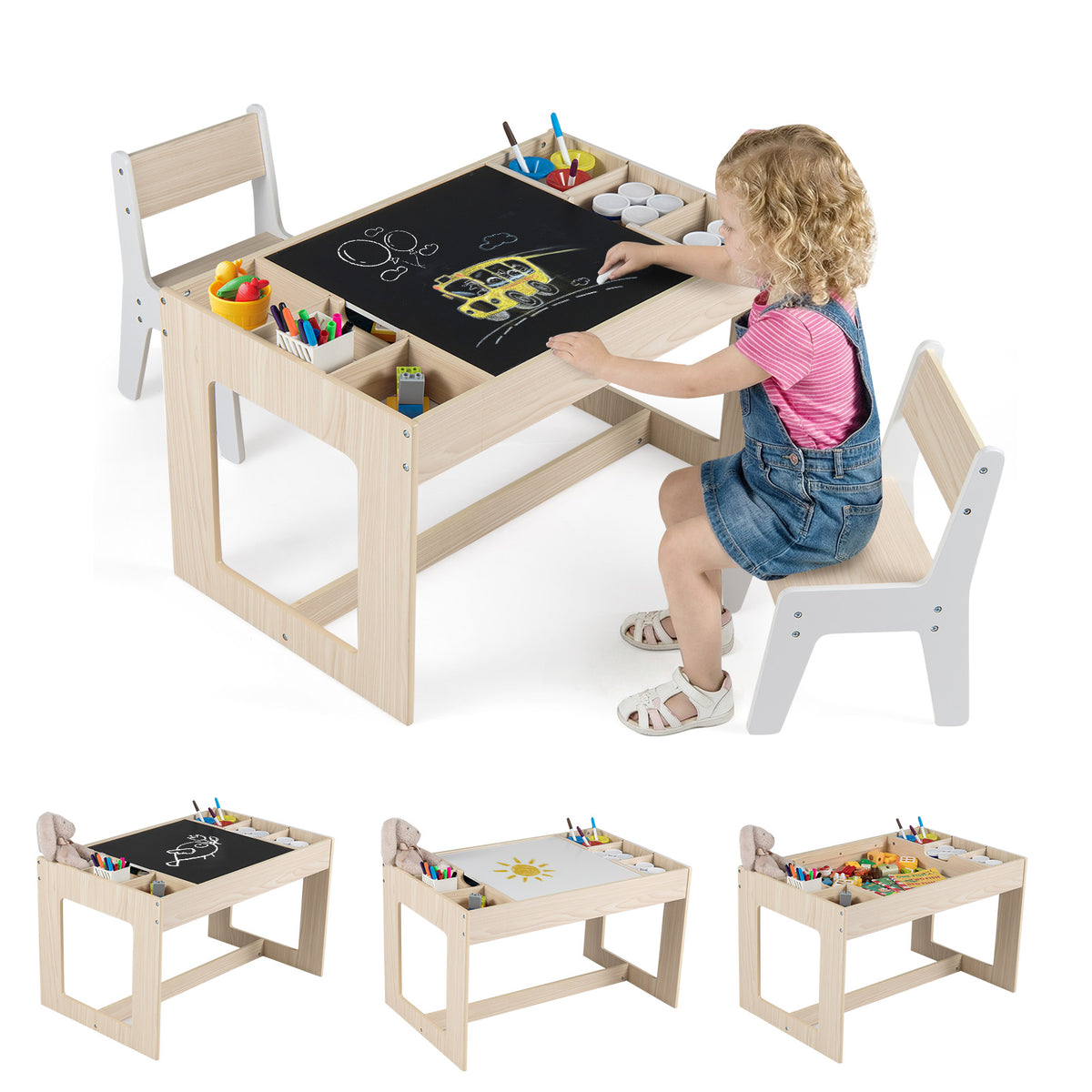 Multifunctional Kids Table & 2 Chairs Set with Chalkboard - Natural Variation