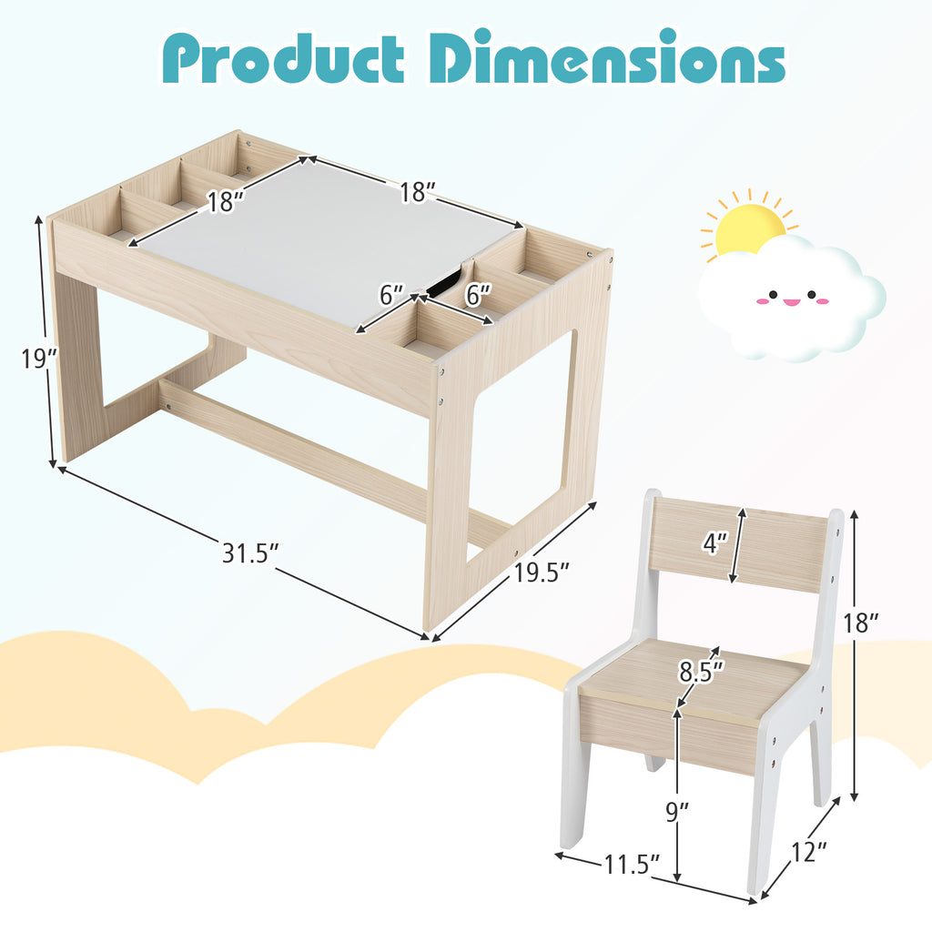 Multifunctional Kids Table & 2 Chairs Set with Chalkboard - Natural Variation