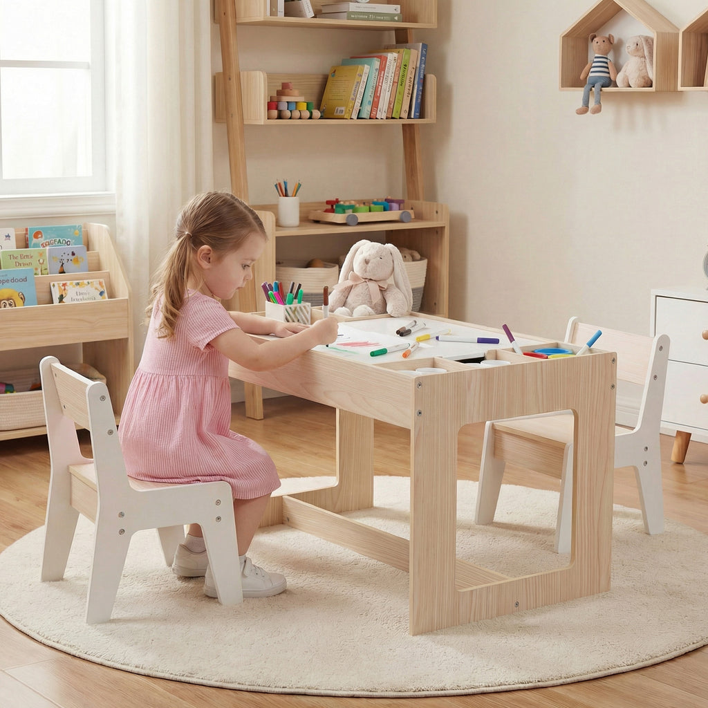 Multifunctional Kids Table & 2 Chairs Set with Chalkboard - Natural Variation