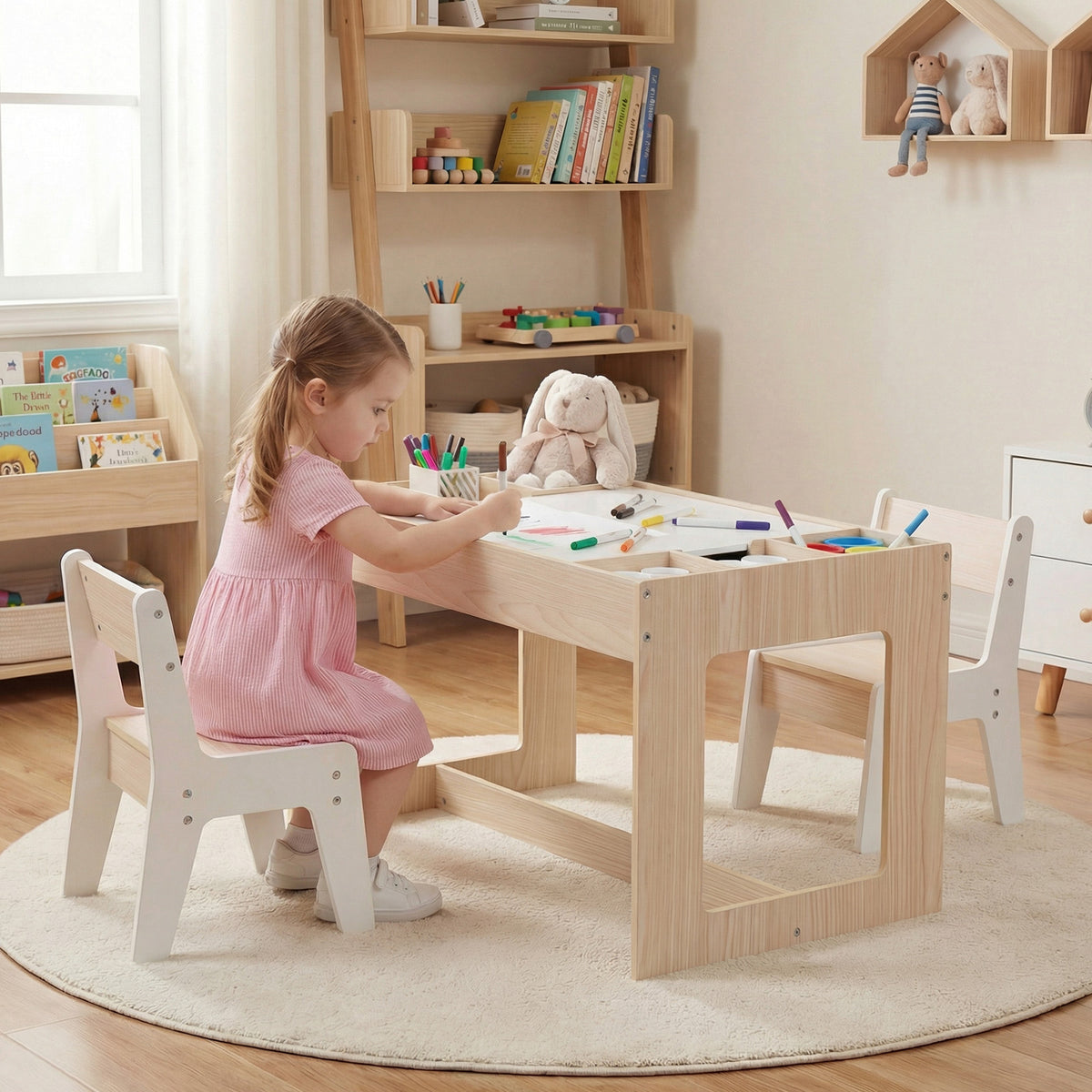 Multifunctional Kids Table & 2 Chairs Set with Chalkboard - Natural Variation