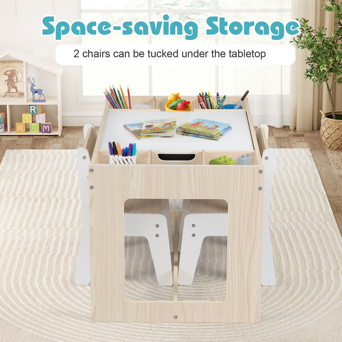 Multifunctional Kids Table & 2 Chairs Set with Chalkboard - Natural Variation