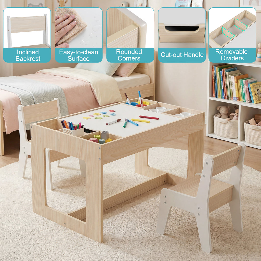 Multifunctional Kids Table & 2 Chairs Set with Chalkboard - Natural Variation