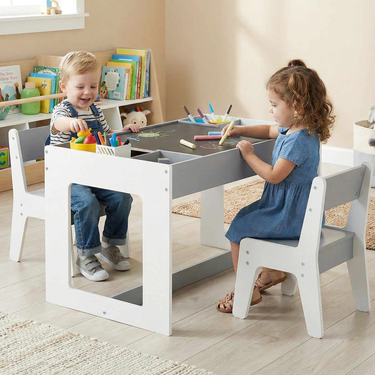 Multifunctional Kids Table & 2 Chairs Set with Chalkboard - Natural Variation