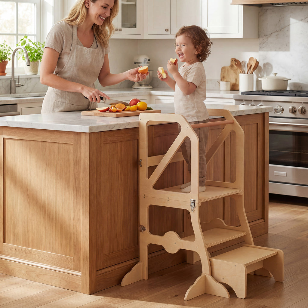 Kids Kitchen Step Stool with Removable Safety Bar & Fixing Buckles - Variation of Kids Kitchen Step Stool