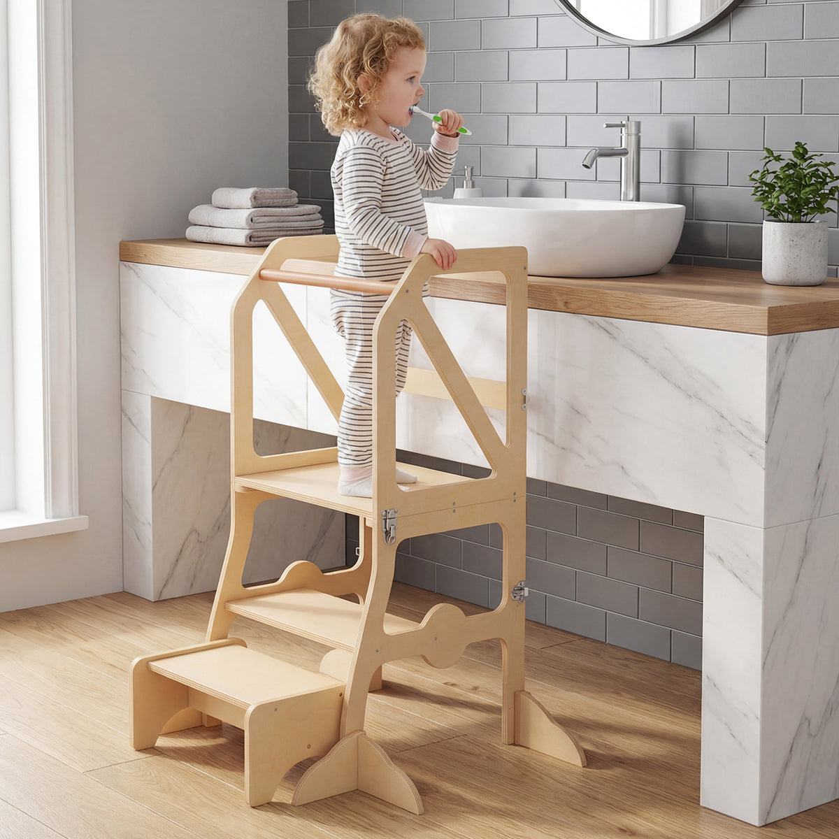 Kids Kitchen Step Stool with Removable Safety Bar & Fixing Buckles - Variation of Kids Kitchen Step Stool