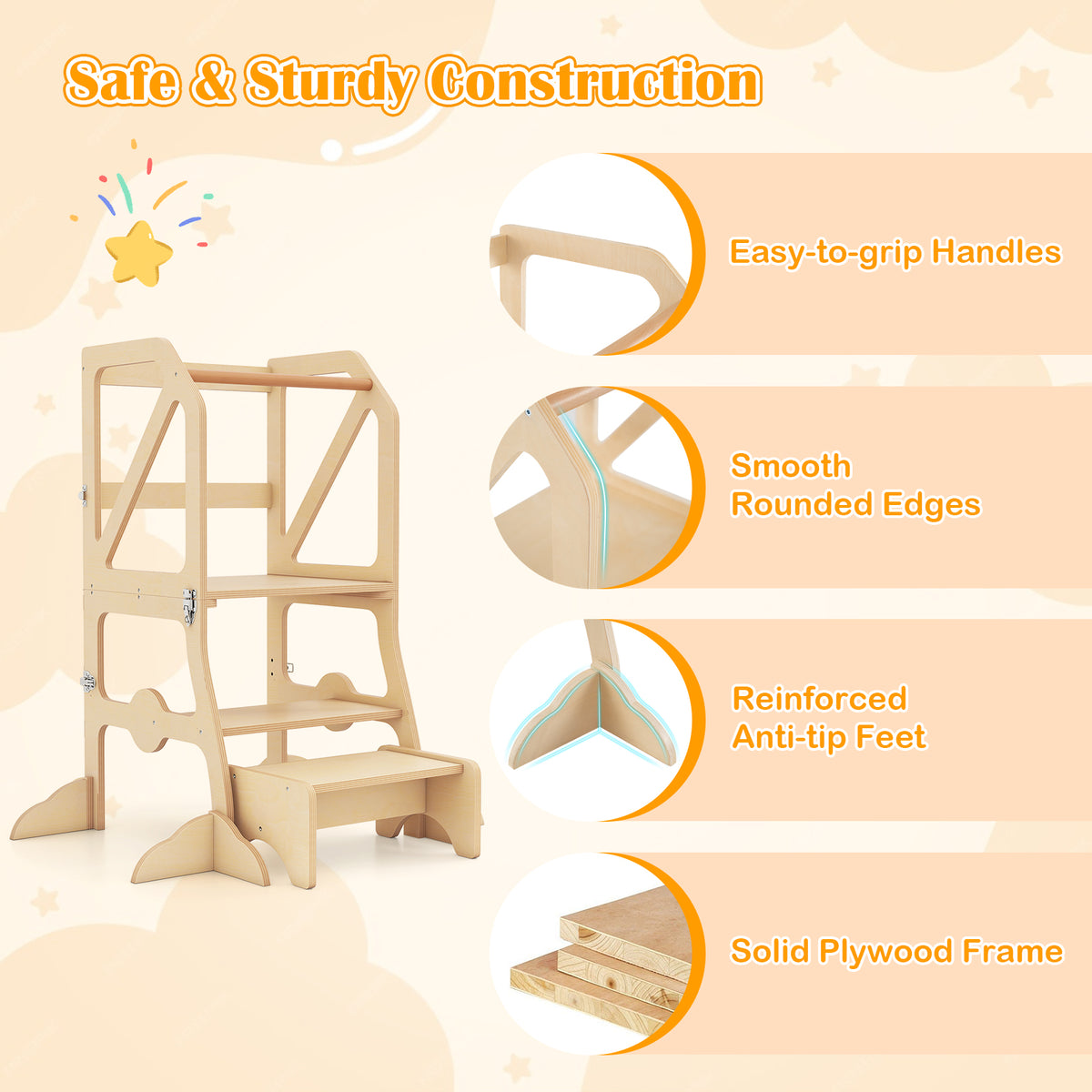 Kids Kitchen Step Stool with Removable Safety Bar & Fixing Buckles - Variation of Kids Kitchen Step Stool