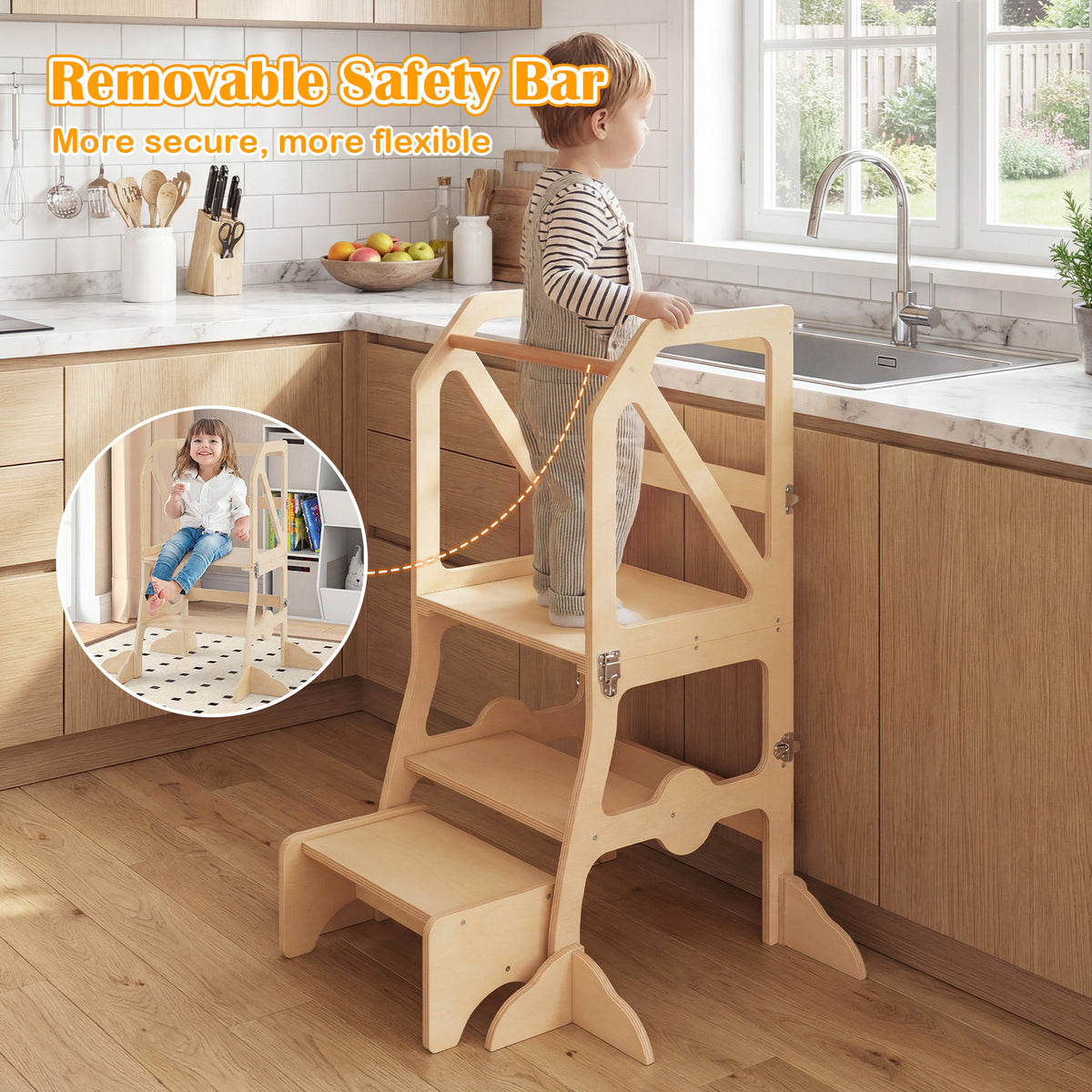 Kids Kitchen Step Stool with Removable Safety Bar & Fixing Buckles - Variation of Kids Kitchen Step Stool