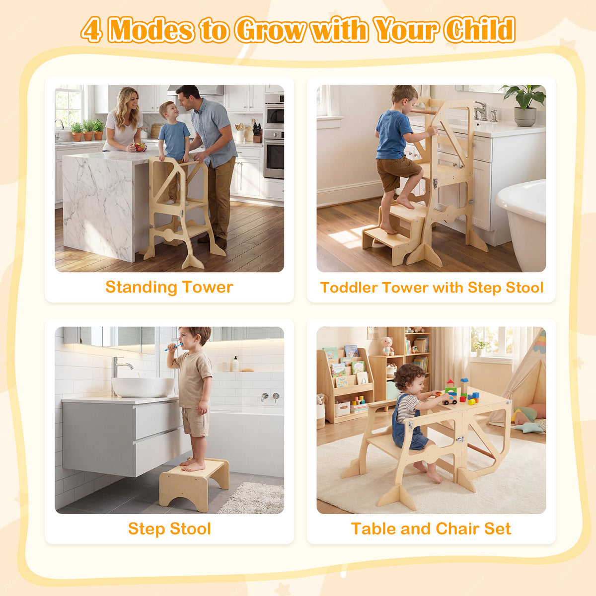 Kids Kitchen Step Stool with Removable Safety Bar & Fixing Buckles - Variation of Kids Kitchen Step Stool