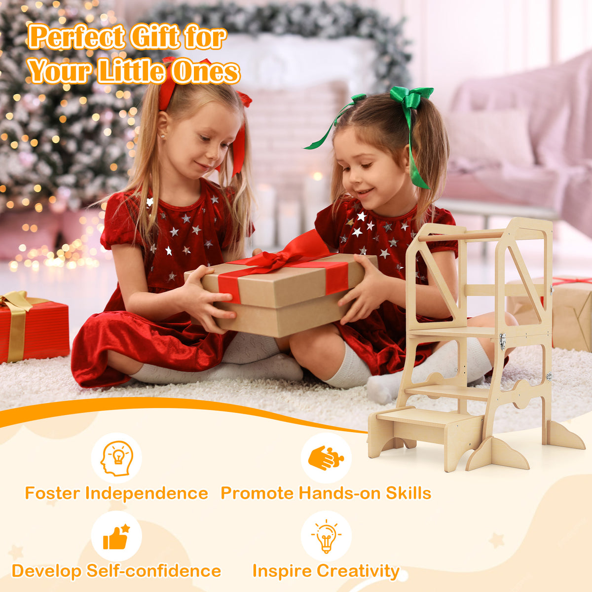 Kids Kitchen Step Stool with Removable Safety Bar & Fixing Buckles - Variation of Kids Kitchen Step Stool