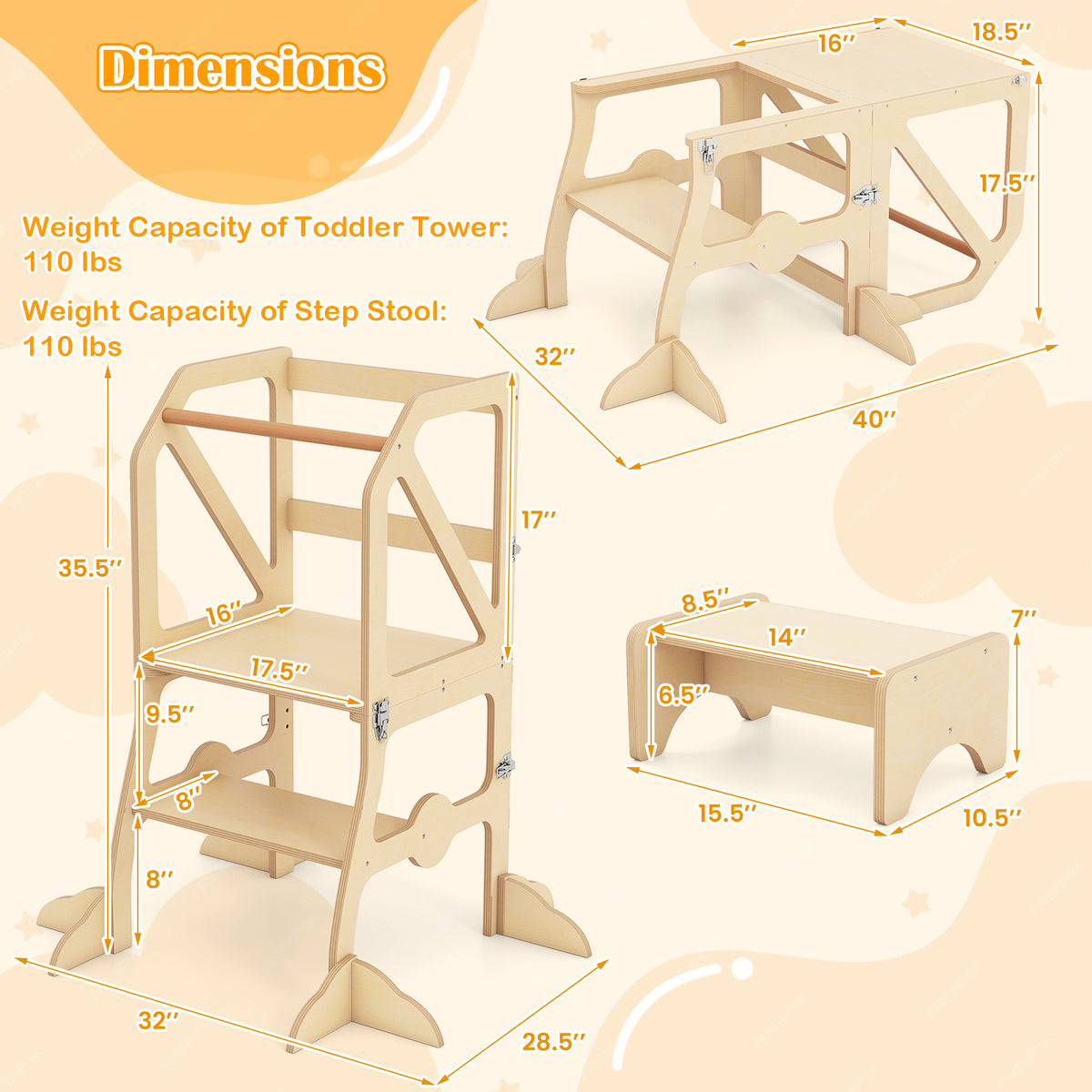 Kids Kitchen Step Stool with Removable Safety Bar & Fixing Buckles - Variation of Kids Kitchen Step Stool