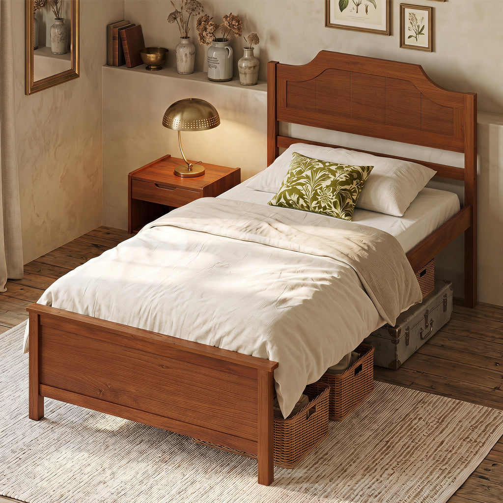 Solid Wood Platform Bed Frame with Headboard - Twin, Walnut