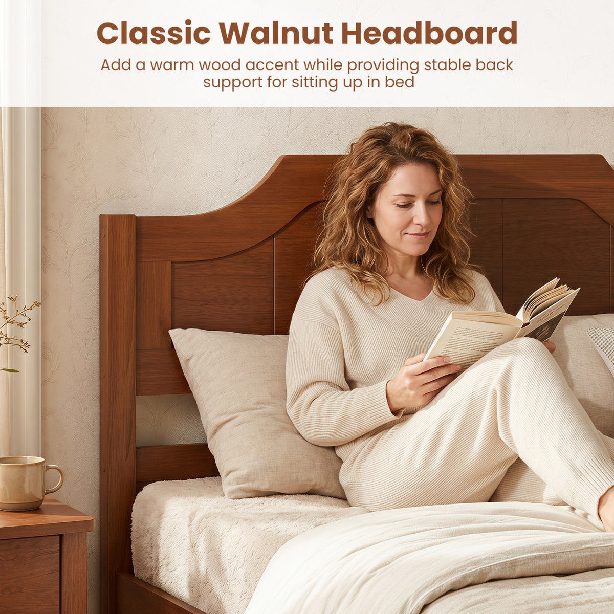 Solid Wood Platform Bed Frame with Headboard - Twin, Walnut