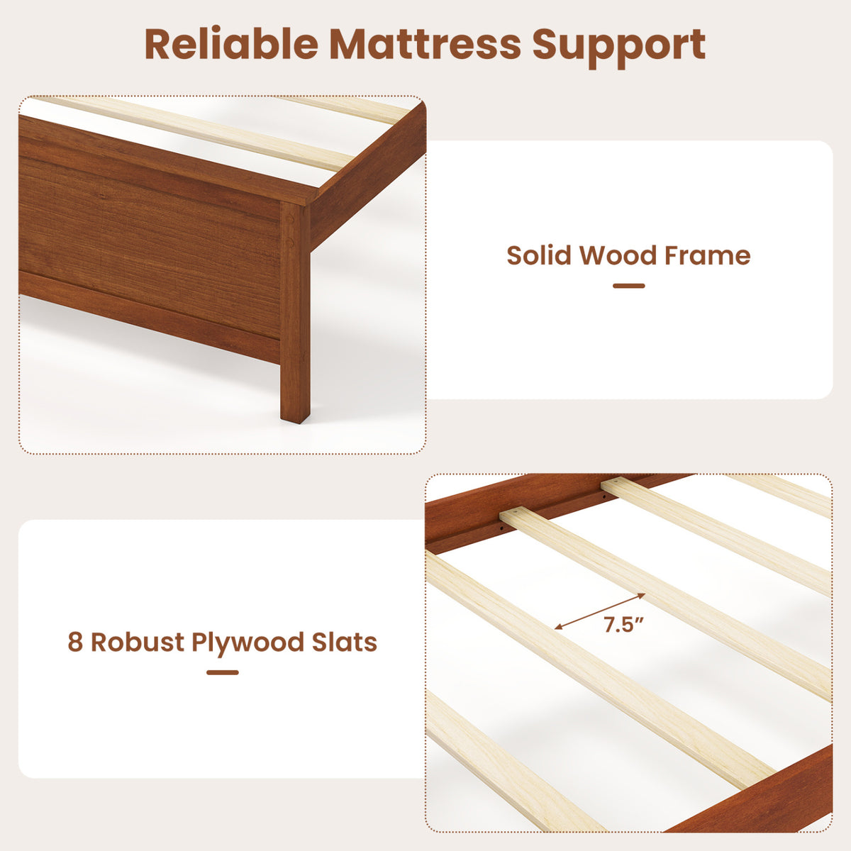 Solid Wood Platform Bed Frame with Headboard - Twin, Walnut