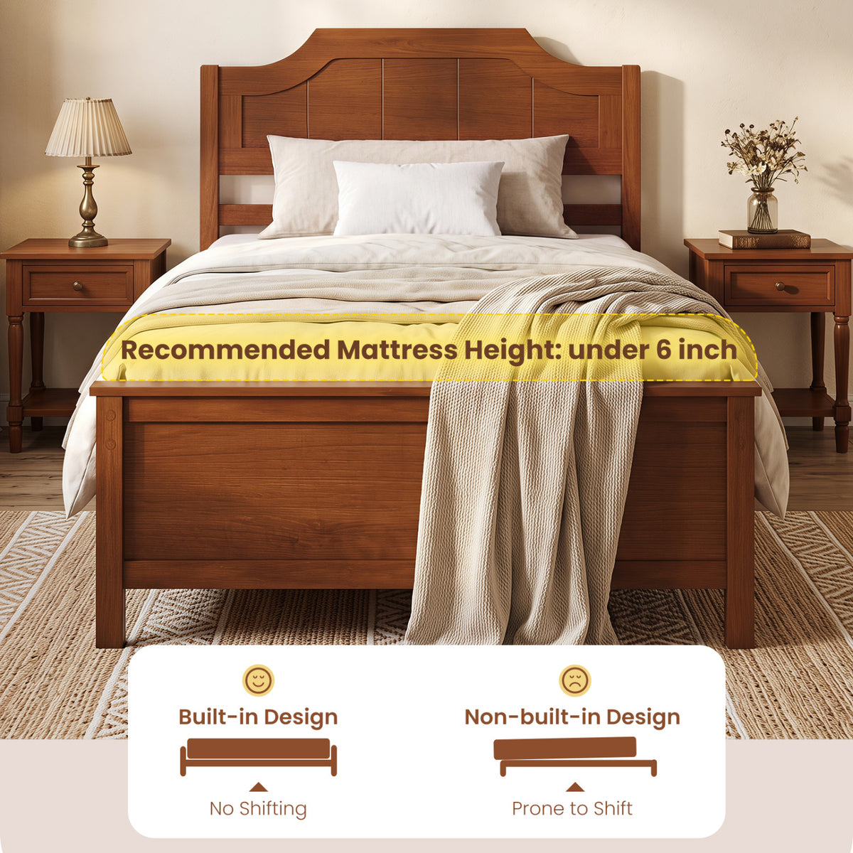 Solid Wood Platform Bed Frame with Headboard - Twin, Walnut