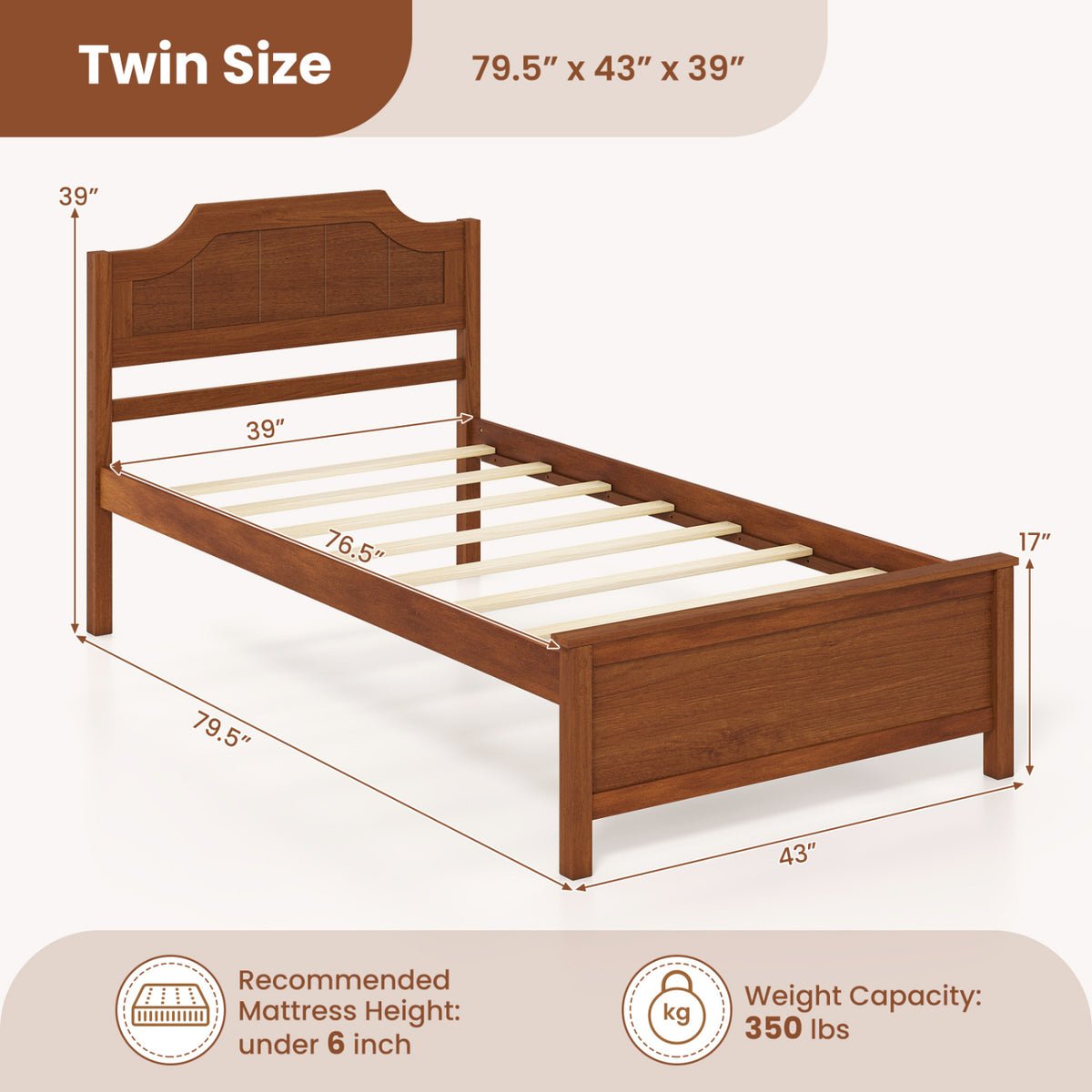 Solid Wood Platform Bed Frame with Headboard - Twin, Walnut