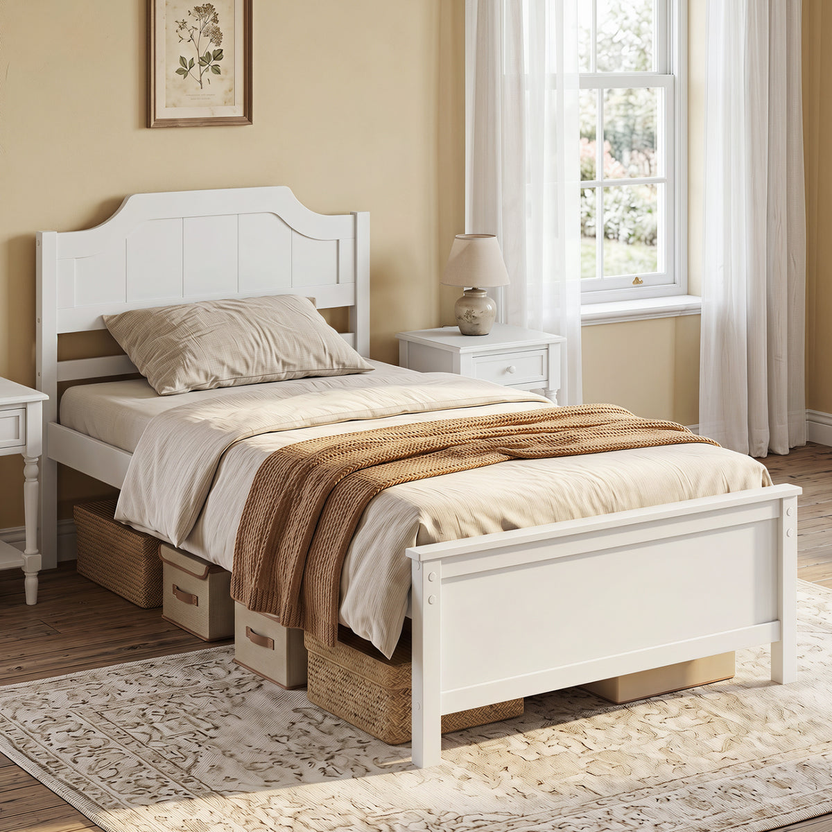 Solid Wood Platform Bed Frame with Headboard - White, Twin Size