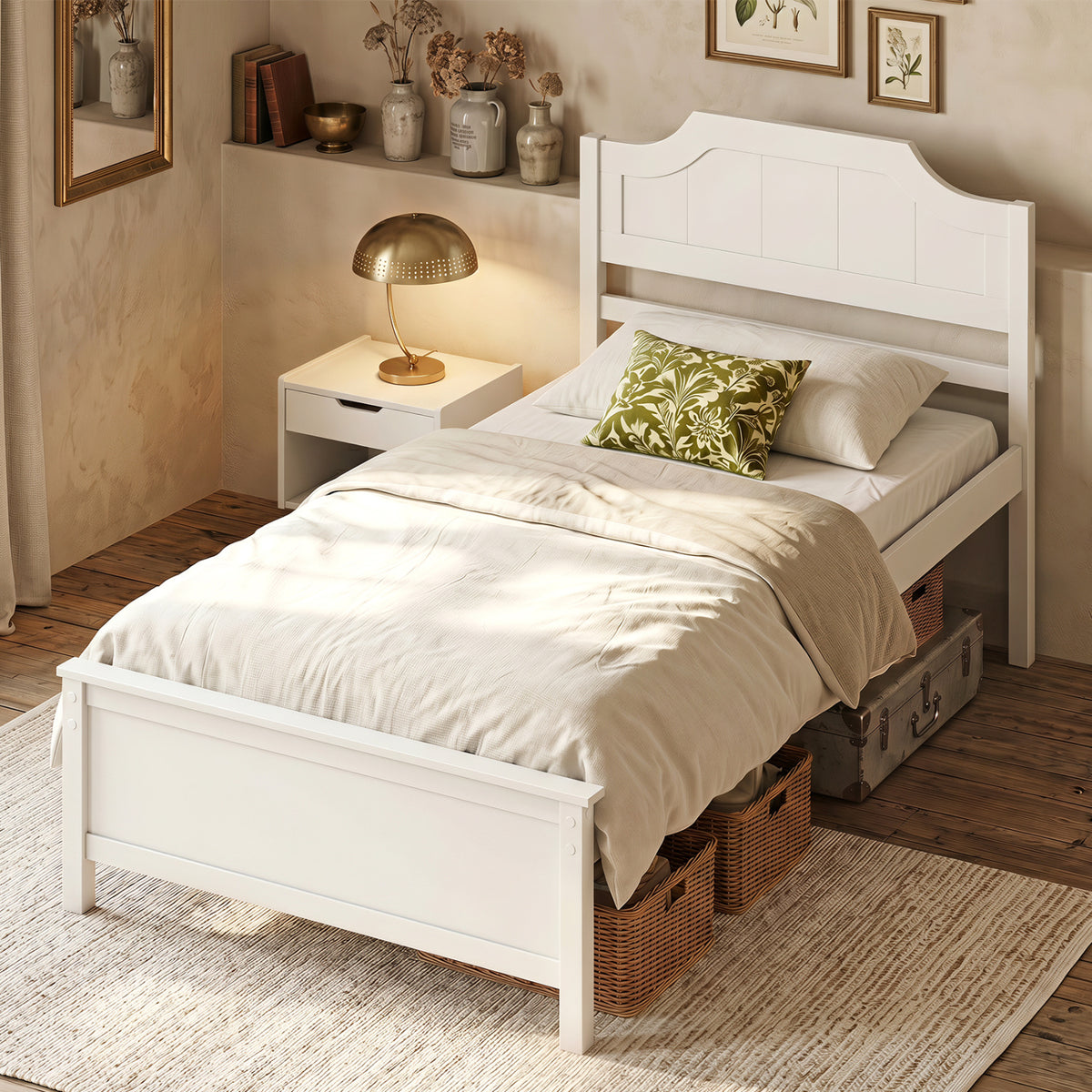 Solid Wood Platform Bed Frame with Headboard - White, Twin Size