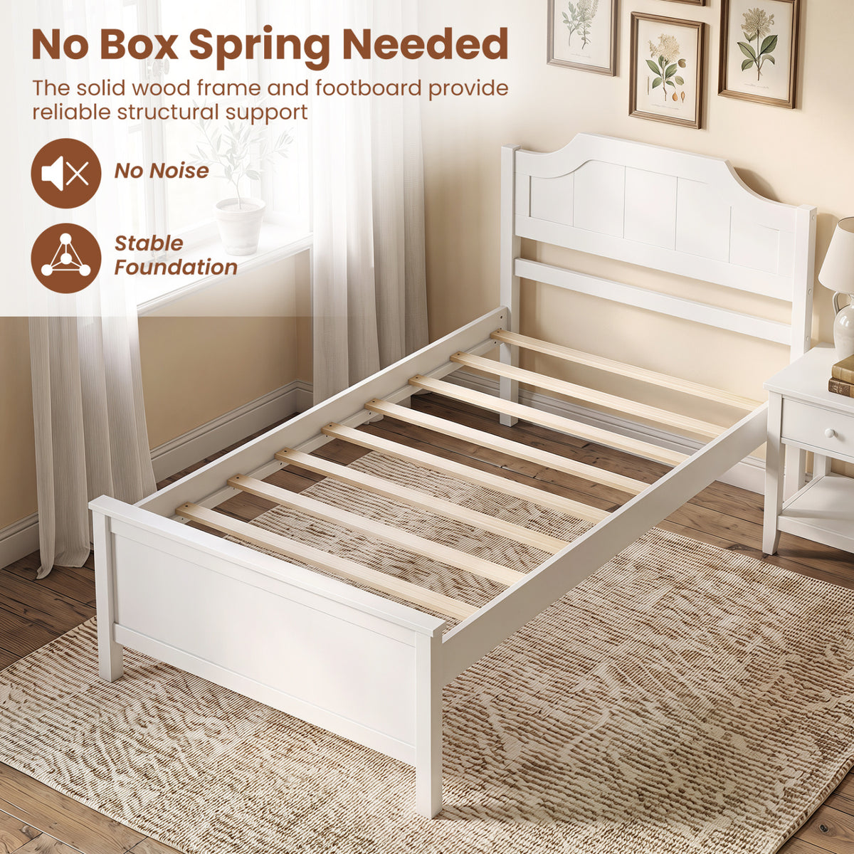 Solid Wood Platform Bed Frame with Headboard - White, Twin Size
