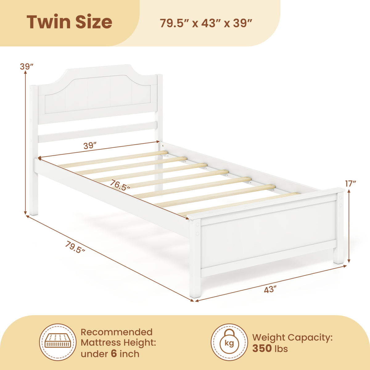 Solid Wood Platform Bed Frame with Headboard - White, Twin Size